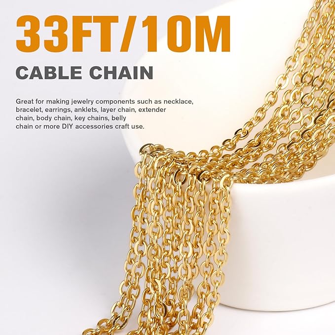 33 Feet 18K Gold PVD Plated Stainless Steel Cable Chain Bulk, 2.5mm 304 Stainless Steel Flat Cable Link Chains Roll Spool for Jewelry Making Necklace DIY Craft