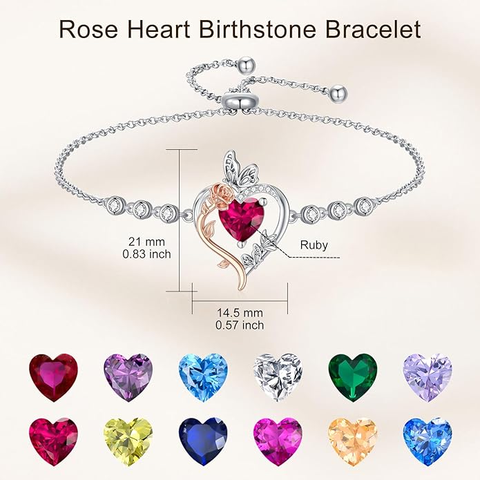 TOUPOP Rose Heart Birthstone Bracelet 925 Sterling Silver Butterfly Heart Bracelet Love Jewelry for Women Anniversary Valentines Day Birthday Gifts for Her Wife Mom