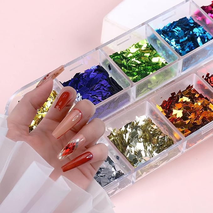 Holographic 3D Rhombus Glitter Nail Art Sequins, Sparkly Rhombus Nail Flakes Design, 12 Colors Rhombus Nail Art Sequins Design for Women Girls Manicure Shiny Decorations DIY Resin Nail Art Tips