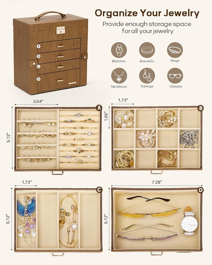 Homde Valentine's Day Gifts Synthetic Leather Huge Jewelry Box Mirrored Watch Organizer Necklace Ring Earring Storage Lockable Gift Case (Brown + Gold)