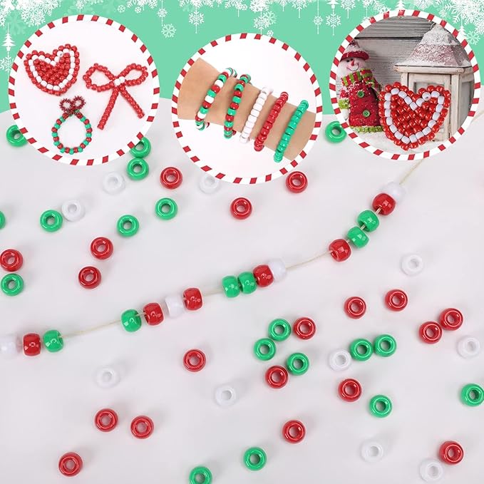 UPINS 1200Pcs Christmas Pony Beads Friendship Plastic Small Hair Beads Red Green White Pony Beads for Necklace Supplies (Christmas)