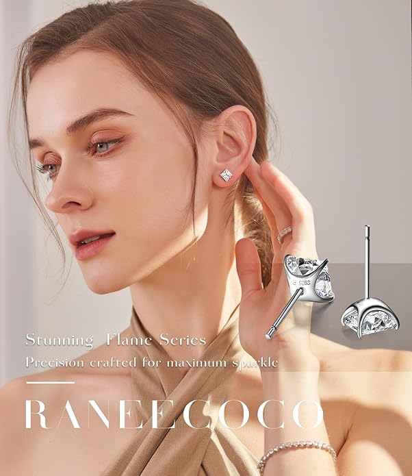 ”STUNNING FLAME“ 18K Gold Plated Sterling Silver Princess Cut Cubic Zirconia Stud Earrings for men women