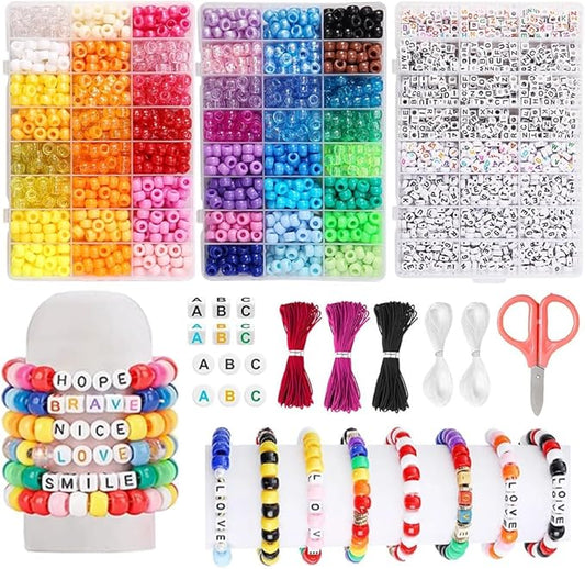 Beadiebling 4000 Pcs 6 * 9mm Pony Beads Bulk in 48 Colors - Friendship Bracelet Making Kit with 2400 Plastic Beads & 1600 Letter Beads in 3 Storage Boxes with 2X Strings, 3X Braided Ropes & Scissor