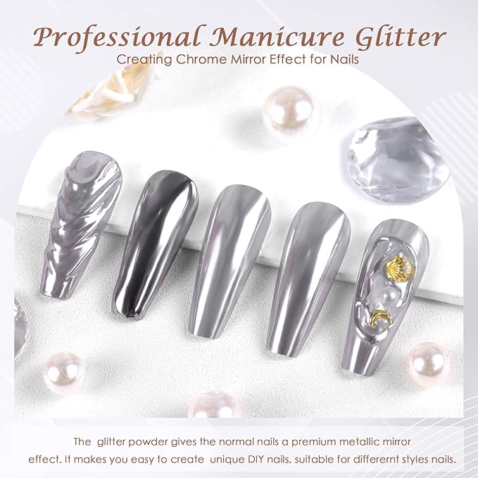Laza Chrome Nail Powder Mirror Effect Metallic Dust Holographic Glitter Glazed Manicure Decoration Reflective Pigment for DIY Gel Polish Nail Art, Resin Craft, Gifts - Silver