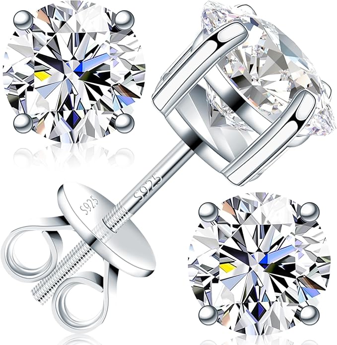 Moissanite Earrings for Men Women, 0.2ct-3.0ct Men 925 Sterling Silver Earrings, Round Cut Diamond Stud Earrings for Women