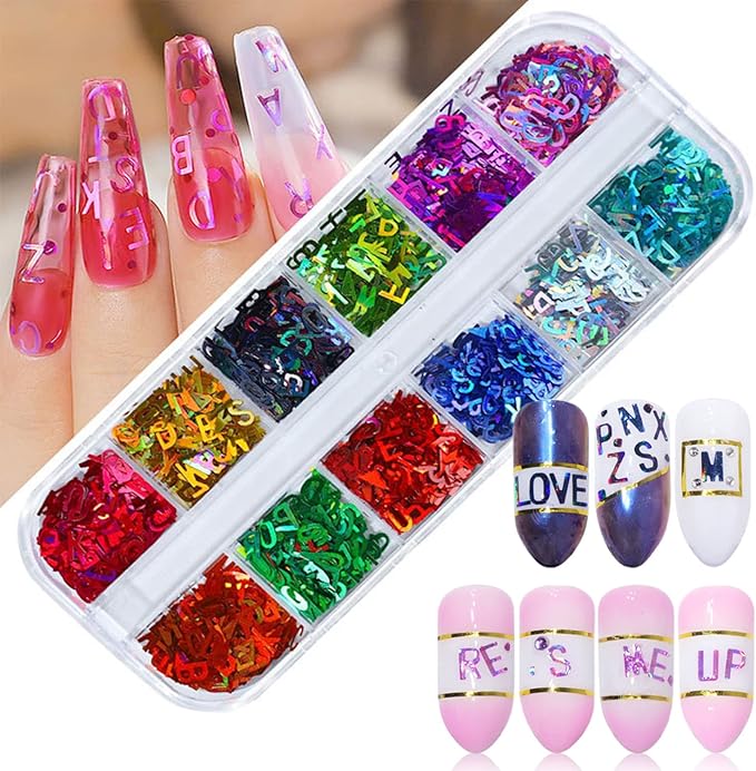 12 Colors Letter Nail Art Glitter Sequins, 3D Sparkly Alphabet Nail Flakse Designs, Letters Nail Art Sequins Supplies for Women Girls Manicure Charms Decorations, DIY Shiny Letter Resin Nail Art Tips