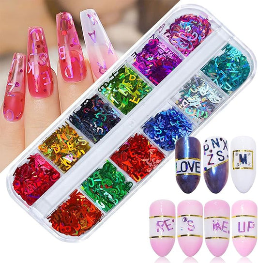 12 Colors Letter Nail Art Glitter Sequins, 3D Sparkly Alphabet Nail Flakse Designs, Letters Nail Art Sequins Supplies for Women Girls Manicure Charms Decorations, DIY Shiny Letter Resin Nail Art Tips