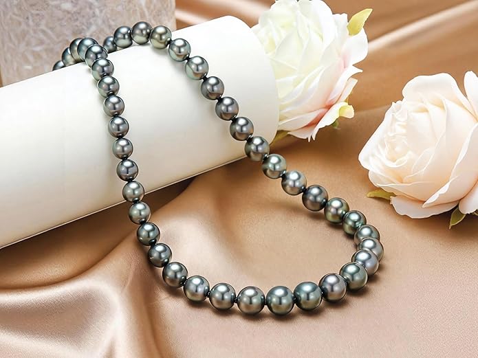 18K Solid Gold Real Tahitian Black Pearl Necklaces for Women - 43-Piece 9-10mm AAA Ocean-Grown Pearl, Strand Necklaces, Luxury Wedding Anniversary Birthday Christmas Gifts for Wife Mom, Length 17.7"+2"