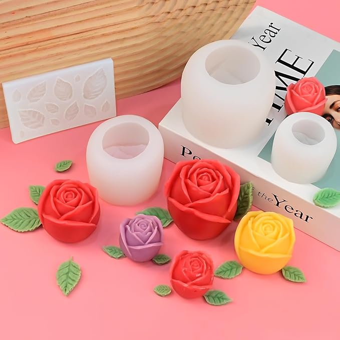 ZQYSING 4 Pack Rose Candle Molds with Leaf Mold, Set of Large + Medium + Small 3D Flower Silicone Molds for Candles Epoxy Resin Casting Wax Soap Clay Plaster Home Décor Handmade Gift