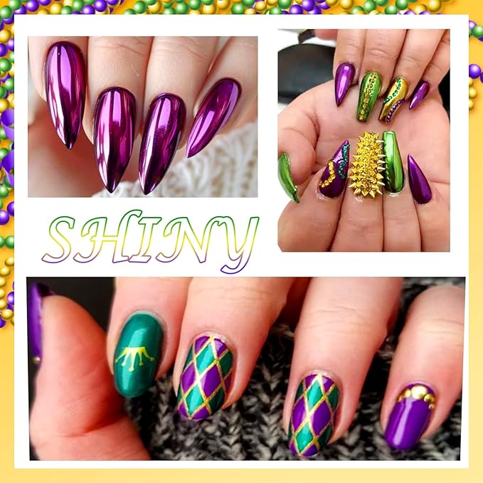 Laza 3 Colors Mardi Gras Chrome Nail Powder Mirror Effect Metallic Dust Holographic Glitter Manicure Decoration Reflective Pigment for DIY Gel Polish Nail Art, Resin Craft, Gifts - Gold Green Purple