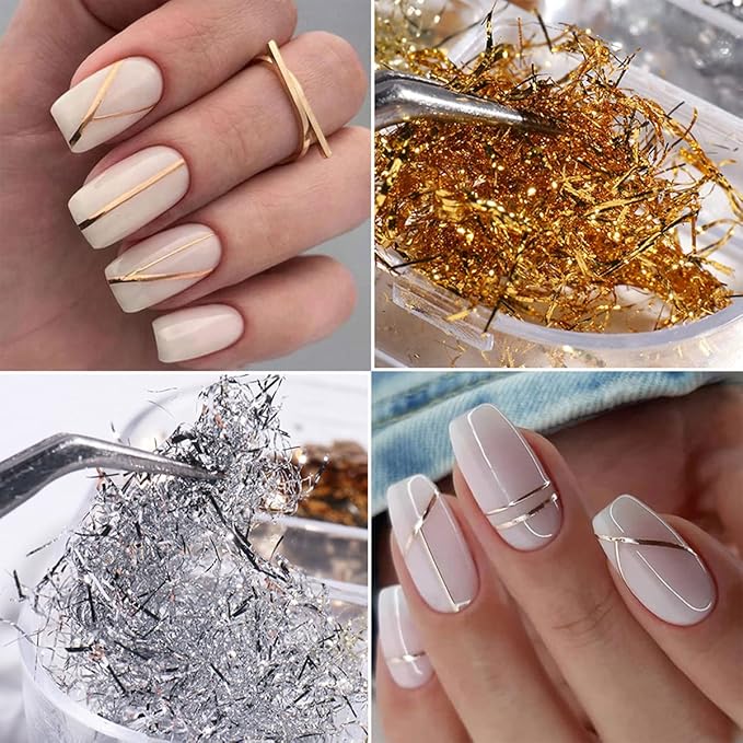 Holographic 3D Sparkly Aluminum Nail Art Foil Flakes - Glitter Sequins for Acrylic Nails - Gold Silver Irregular Line Strip Designs (6 Grids)