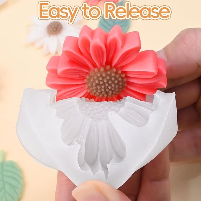 ZQYSING 4 Pack Daisy Silicone Molds with Leaf Mold, Set of Large + Medium + Small + Mini Daisy Flower Molds for Candles Wax Soap Epoxy Resin Plaster Fondant Chocolate Cake Cupcake Topper Decoration