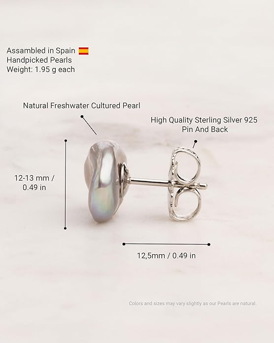 Woman Pearl Earrings Freshwater Cultured Keshi Pearls in White and Gray by SECRET & YOU | Sterling Silver 925 | Available in 10 sizes from 7-8 mm to 15-16 mm