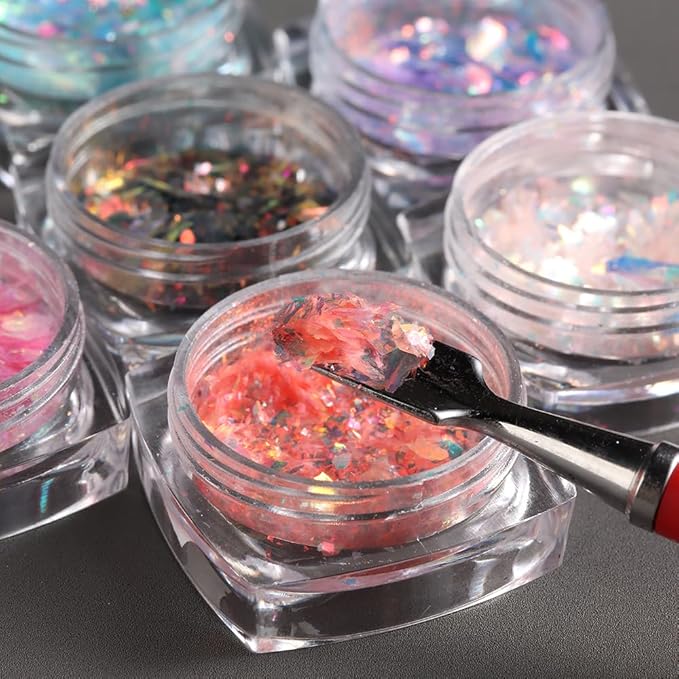 Holographic Iridescent Nail Art Glitter Flakes, 6 Colors Sparkly Ultra-Thin Aurora Foil Nail Art Flakes Designs, Opal Powder Nail Glitters Sequins Acrylic Supplies DIY Manicure Decorations