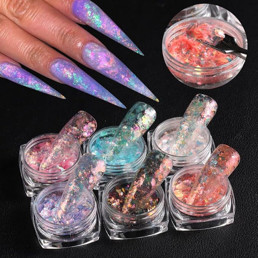 Holographic Iridescent Nail Art Glitter Flakes, 6 Colors Sparkly Ultra-Thin Aurora Foil Nail Art Flakes Designs, Opal Powder Nail Glitters Sequins Acrylic Supplies DIY Manicure Decorations