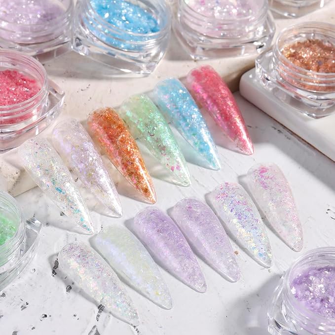 Holographic Nail Art Glitter Iridescent Flakes, 12 Colors Aurora Irregular Opal Nail Foil Flakes Ultra-Thin Nail Glitters Sequins Manicure Decorations for DIY Gel Polish Nail Art, Resin Craft, Gifts