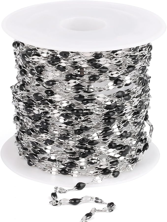 16.5FT Black Enamel Dapped Chain Roll, 2MM Stainless Steel Enalem Lip Link Chains Spool Bulk for DIY Jewelry Making