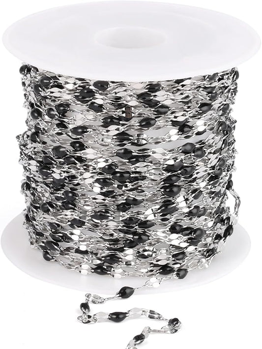 16.5FT Black Enamel Dapped Chain Roll, 2MM Stainless Steel Enalem Lip Link Chains Spool Bulk for DIY Jewelry Making