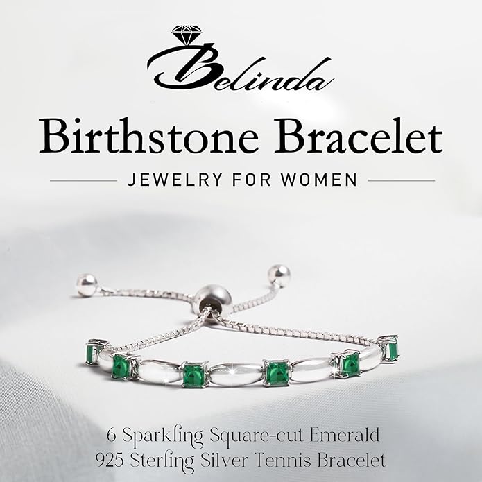 Fine Bracelet Tennis Style Pull String Birthstone Jewelry Gift for Women 925 Sterling Silver Square Sparkling Bolo Gemstone Jewelry Adjustable Bracelets