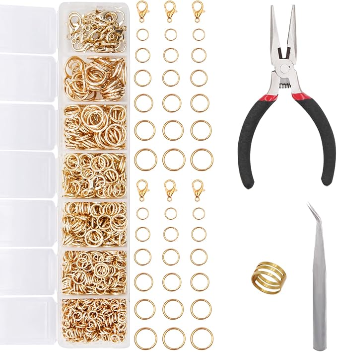 EuTengHao 1504Pcs Open Jump Ring and Lobster Clasps Kit Jewelry Making Repair Kit with Jewelry Pliers Tweezers (KC Gold)