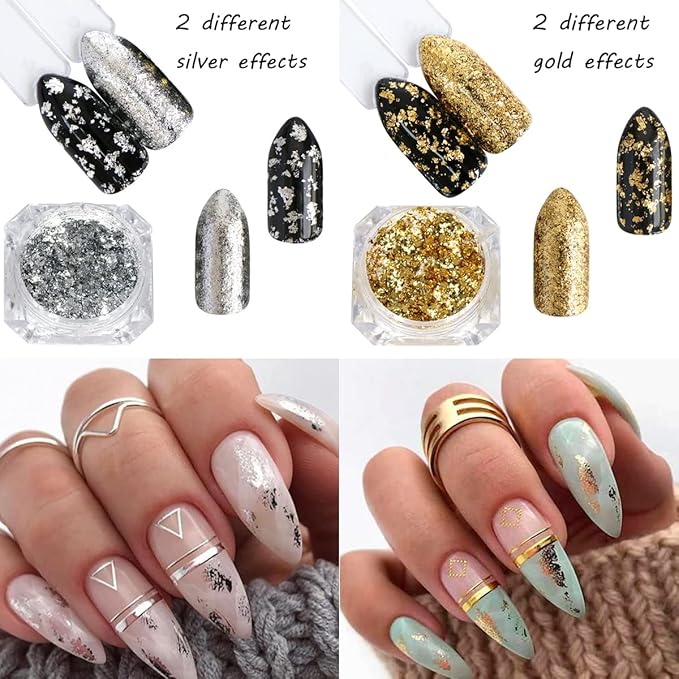 Holographic Nail Foil Glitter Flakes 3D Sparkly Aluminum Foil Flake Sequins Nail Art Accessories Rose Gold Red Silver Foils Glitter Nail Supplies Mirror Powder Acrylic Nails Decoration (4Boxes)