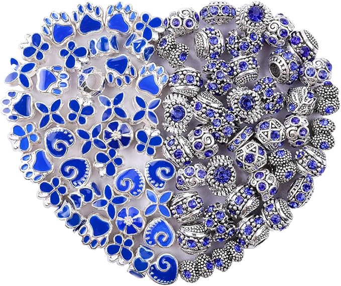 60 Pieces Assorted European Beads with Plating Silver Metal Alloy Rhinestone Large Hole Spacer Beads for DIY Charm Bracelet Jewelry Making (Blue)