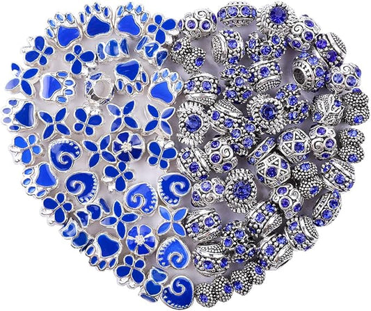 60 Pieces Assorted European Beads with Plating Silver Metal Alloy Rhinestone Large Hole Spacer Beads for DIY Charm Bracelet Jewelry Making (Blue)