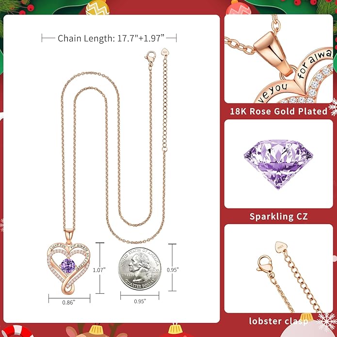 Infinity Love Heart Birthstone Necklace for Women Wife, S925 Sterling Silver Anniversary for Women Wife Birthday Gift for Her Girlfriend Mom Daughters, I Love You Women's Jewelry 18k Rose Gold Filled
