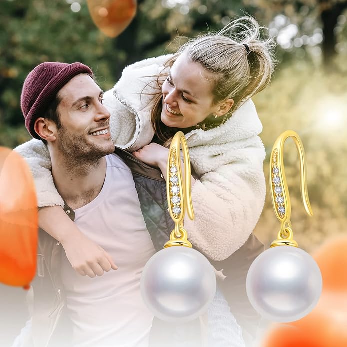 10k 14k Gold Natural Diamond and Freshwater Cultured Pearl Dangle Earrings for Women, Fine Jewelry for Her