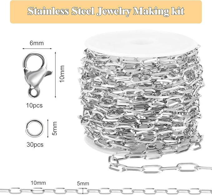 GTVOODX 16.4 Feet Paperclip Non Tarnish Chain Spool for Jewelry Making Stainless Steel 5x10mm Soldered Oval Link Chain Bulk for Necklace Bracelet DIY Jewelry Making Supplies
