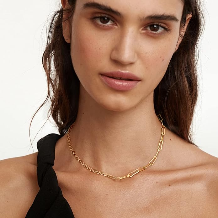 Aobei Pearl 18K Gold Plated Paperclip Chain Choker Satellite Chain Freshwater Cultured Biwa Pearl Pendant Necklace Dainty Jewelry for Women