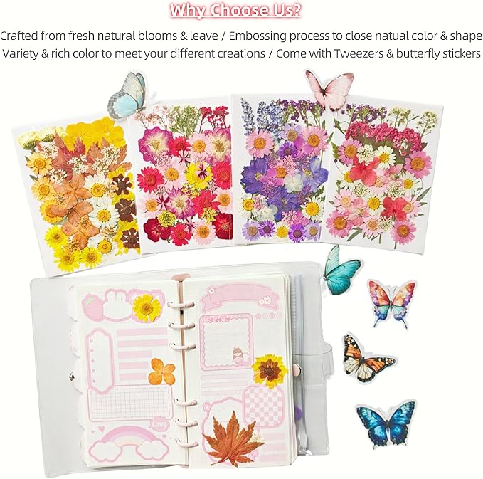 203pcs Dried Flowers for Resin, Small Pressed Dried Flowers for Crafts Jewelry Making, Natural Real Dry Flowers for Resin Molds, Scrapbooking DIY, Soap Candles Making with Tweezers Butterfly Stickers