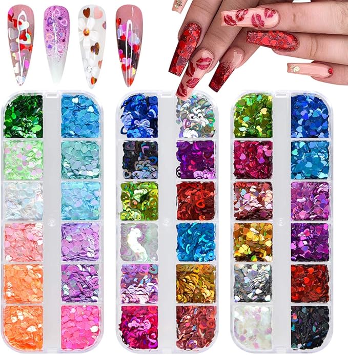 36 Colors Heart Glitter Nail Art Sequins, EBANKU Holographic Heart Shaped Nail Sequin Laser Heart Nail Flake Glitter Decals for Valentine's Day Face Eyes Nail Decoration DIY Craft (3 Boxes)