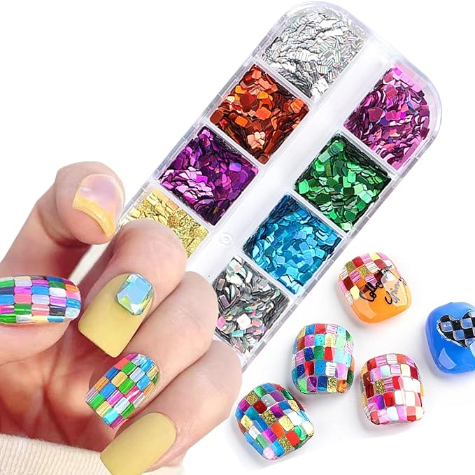 Holographic Square Glitter Flakes, 12 Colors Rectangle Sparkly Sequins, 3D Glitters Acrylic Nails Supplies for Women Girls Manicure Shiny Decorations, DIY Crafts Resin Nail Art Tips
