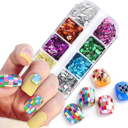 Holographic Square Glitter Flakes, 12 Colors Rectangle Sparkly Sequins, 3D Glitters Acrylic Nails Supplies for Women Girls Manicure Shiny Decorations, DIY Crafts Resin Nail Art Tips