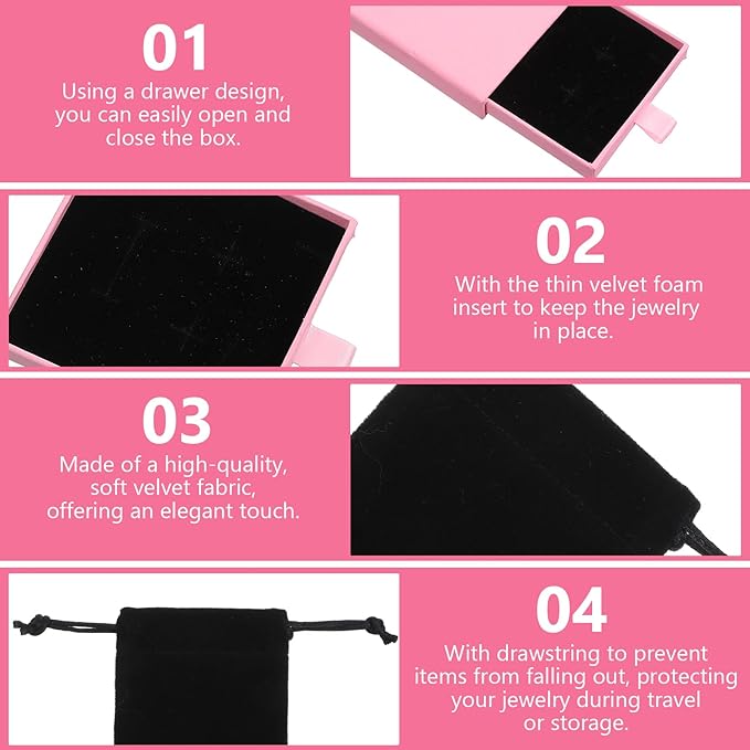 4PCS Small Jewelry Gift Box Velvet Bag Drawer Type Cardboard Organizer Box with Black Drawstring Pouches Necklace Bracelet Earring Pendent Storage Case for Birthday Xmas Christmas Wrapping