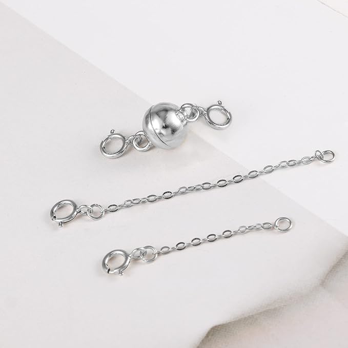 Silver Necklace Extender, 925 Sterling Silver Magnetic Necklace Clasps and Closures, Silver Double Magnetic Clasps Necklace Bracele Connector Extenders Extension Chains for Jewelry Making