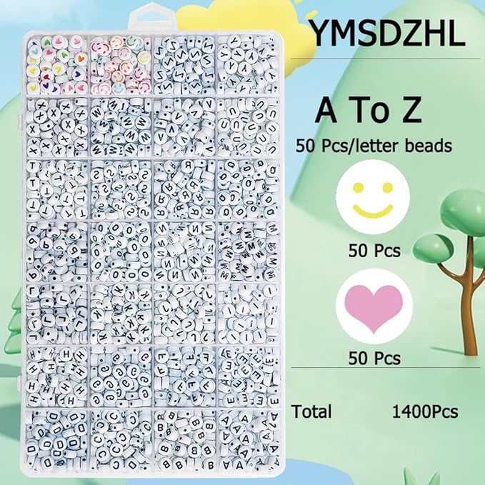 YMSDZHL Alphabet Beads A-Z 1300+Pcs Letter Beads, Acrylic 4x7mm Round Letter Beads Kits,Black Digit and Colorful Smile Beads for Bracelets Necklaces DIY Jewelry Making (Black,1300+PCS)