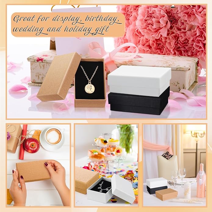 Tenceur 100 Pcs Valentines Jewelry Gift Boxes Bulk Kraft Jewelry Cardboard Box for Necklace Earring Bracelet Storage Package(Brown, White, Black,3.2x2x1.2in)