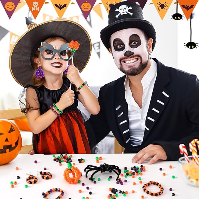 UPINS Halloween Pony Beads,1200Pcs Black Purple Orange Green Round Plastic Beads for Jewelry Making Halloween Party Decoration Necklace Bracelets Earrings Hair Beads DIY Crafts