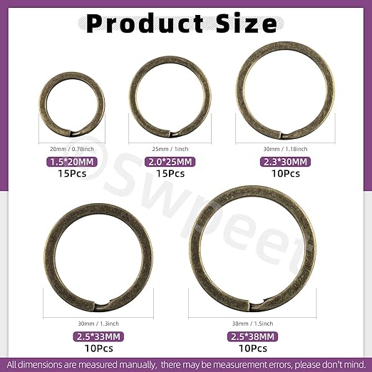 Swpeet 60 Pcs Bronze Assorted Multi-Purpose Metal Keychain Rings Split Keyrings Flat O Ring for Home Car Keys Attachments Keys Pendants - 20mm, 25mm, 30mm, 35 mm, 38 mm