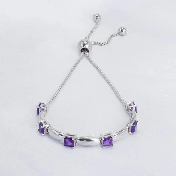Fine Bracelet Tennis Style Pull String Birthstone Jewelry Gift for Women 925 Sterling Silver Square Sparkling Bolo Gemstone Jewelry Adjustable Bracelets