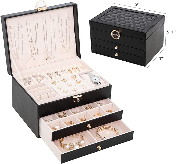 GUOER Jewelry Box for Women Girl Wife 3 Layers Large PU Leather Jewelry Organizer Storage Case with Two drawers Display for Earrings Bracelets Rings Watches (Apricot)