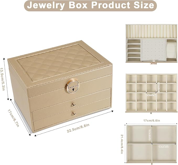 GUOER Jewelry Box for Women Girl Wife 3 Layers Large PU Leather Jewelry Organizer Storage Case with Two drawers Display for Earrings Bracelets Rings Watches (Champagne)