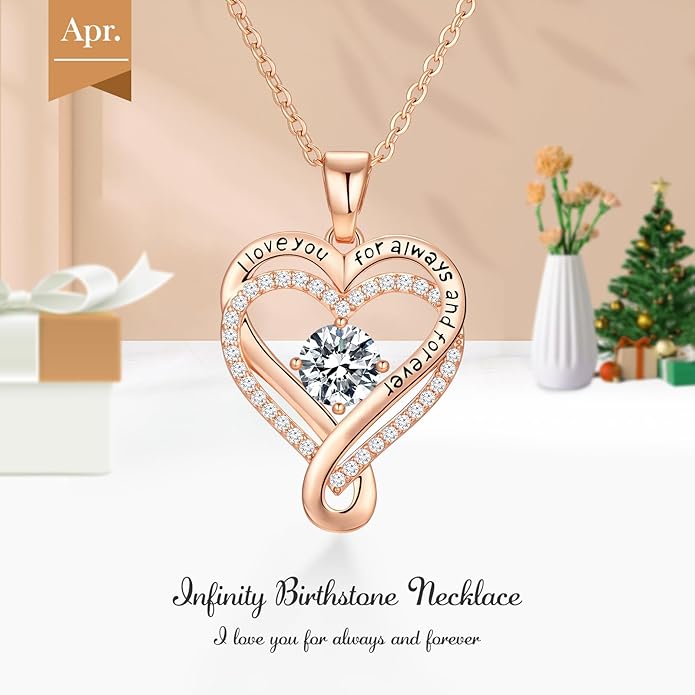 Infinity Love Heart Birthstone Necklace for Women Wife, S925 Sterling Silver Anniversary for Women Wife Birthday Gift for Her Girlfriend Mom Daughters, I Love You Women's Jewelry 18k Rose Gold Filled