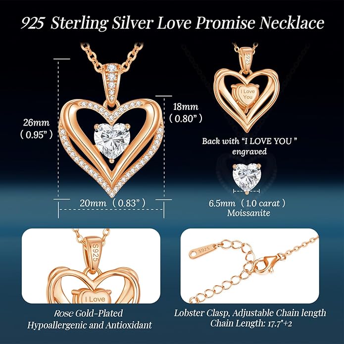 Moissanite Infinity Love Heart Pendant Necklaces for Women, 1-3 Carat 925 Sterling Silver 18K Gold Plated Engraved with"I LOVE YOU', Anniversary Birthday Present Jewelry Christmas Valentines Day Gift for Women Wife Girlfriend Her