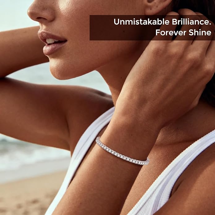 5.1CT/5.5CT Moissanite Tennis Bracelet for Women, 3mm White Gold Plated S925 Sterling Silver D Color VVS1 Round Cut Moissanite Bracelets Jewelry Gift, Size 6.5Inch/7Inch