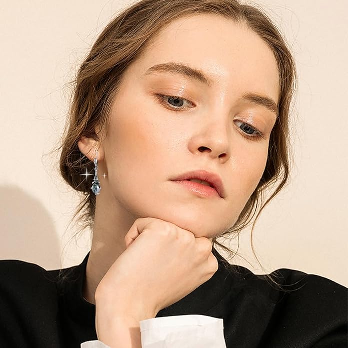 AOBOCO Vintage Earrings for Women Sterling Silver Retro Drop Dangle Leverback Earrings with 8x6mm Oval Genuine or Simulated Birthstone Crystal from Austria, Anniversary Jewelry Gifts for Her (Gift Box)