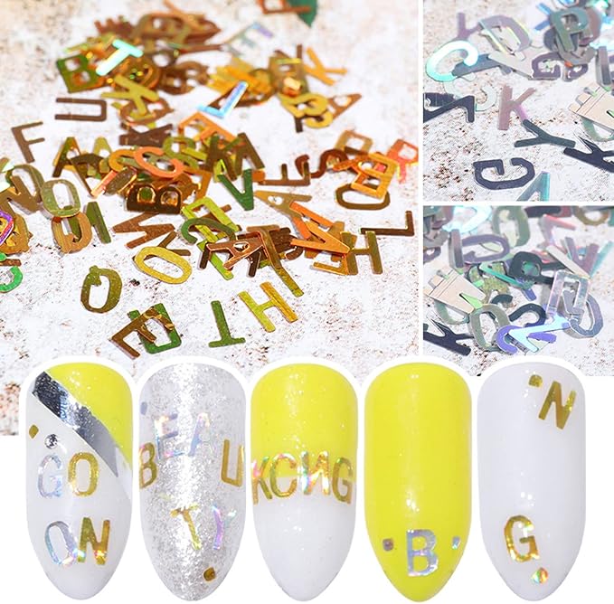 12 Colors Letter Nail Art Glitter Sequins, 3D Sparkly Alphabet Nail Flakse Designs, Letters Nail Art Sequins Supplies for Women Girls Manicure Charms Decorations, DIY Shiny Letter Resin Nail Art Tips