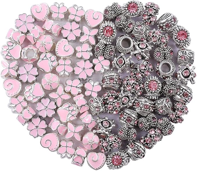 60 Pieces Assorted European Beads with Plating Silver Metal Alloy Rhinestone Large Hole Spacer Beads for DIY Charm Bracelet Jewelry Making (Pink)